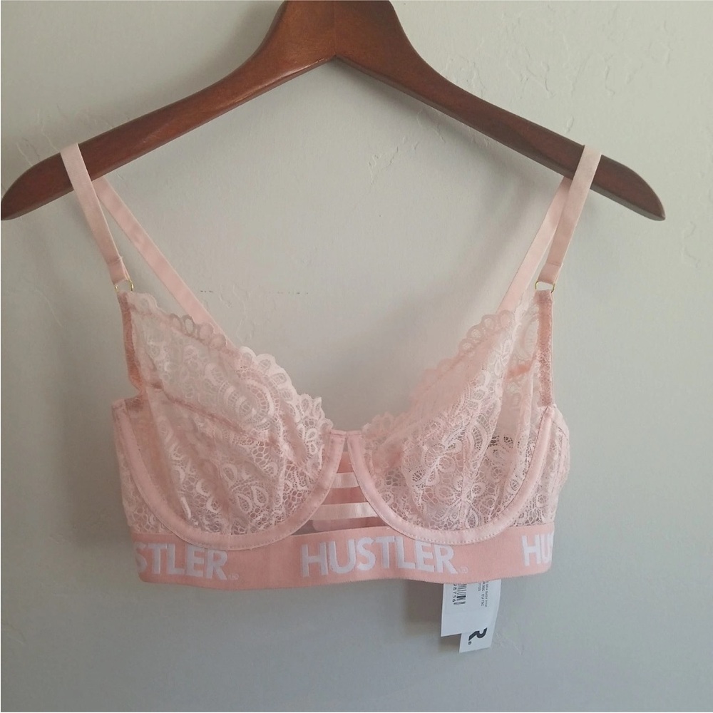 womens Hustler Underwire Pink Lace Plunge Bra Lingerie Size 34C sweet romantic